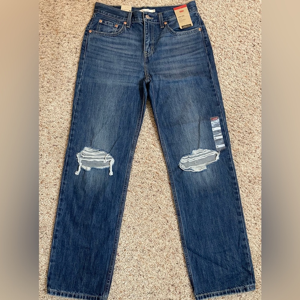 NEW Levi's Low Pro Mid Rise Straight Leg Distress Jeans 28 31” Med. Blue Jeans